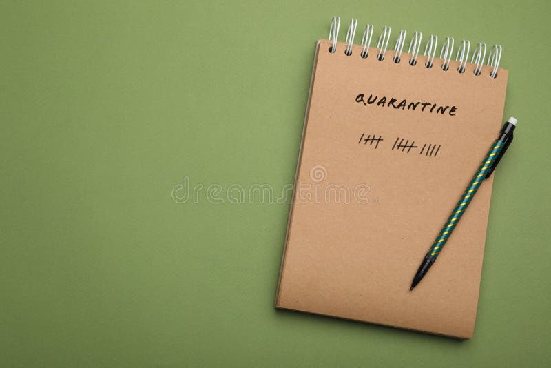 Notebook and pencil on background, top view with space for text. Counting days of quarantine during coronavirus outbreak stock images