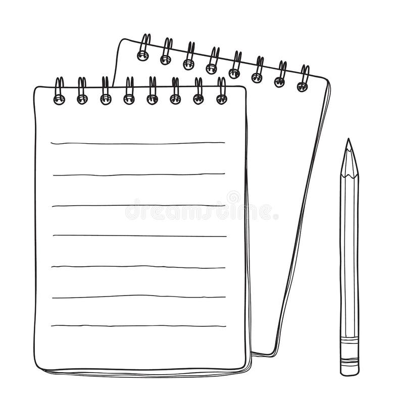 Notebook and pencil hand drawn vector line art illustration stock illustration.