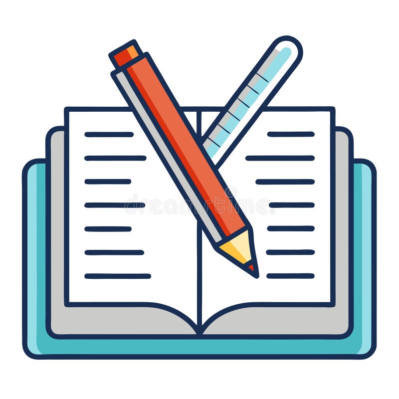 Open notebook, red pencil, and blue highlighter: Writing, note-taking and education concept stock illustration