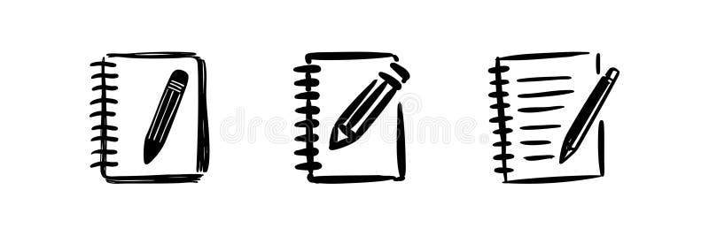 Notebook And Pencil Icons In Hand Drawn Style Set. Creative Writing, Note-Taking, And Sketching Doodle Sketch Collection vector illustration