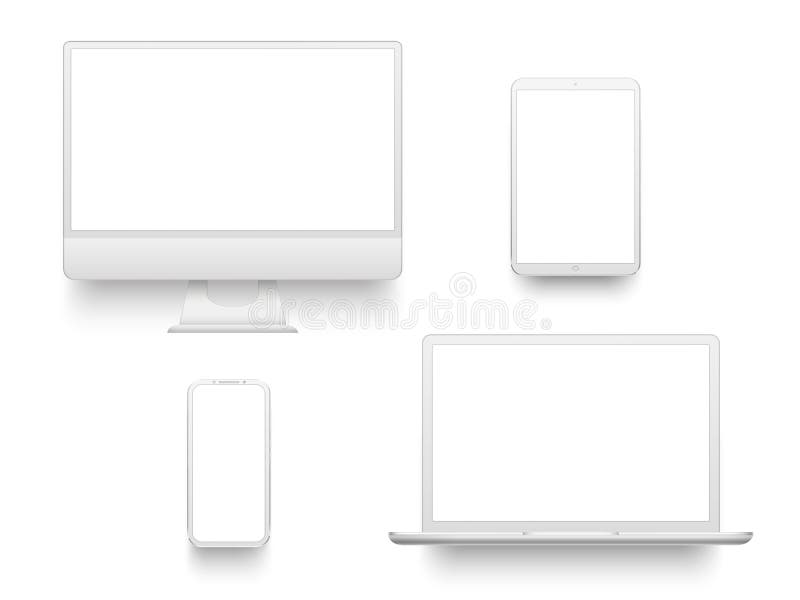 Notebook portabil sau laptop cu ecran lat alb pentru ecran desktop pentru smartphone. vectorial al dispozitivelor electronice mock royalty free illustration