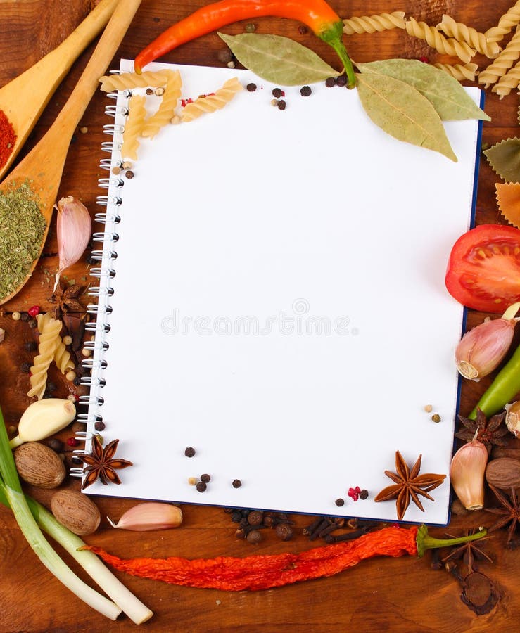 Notebook for recipes and spices stock photography