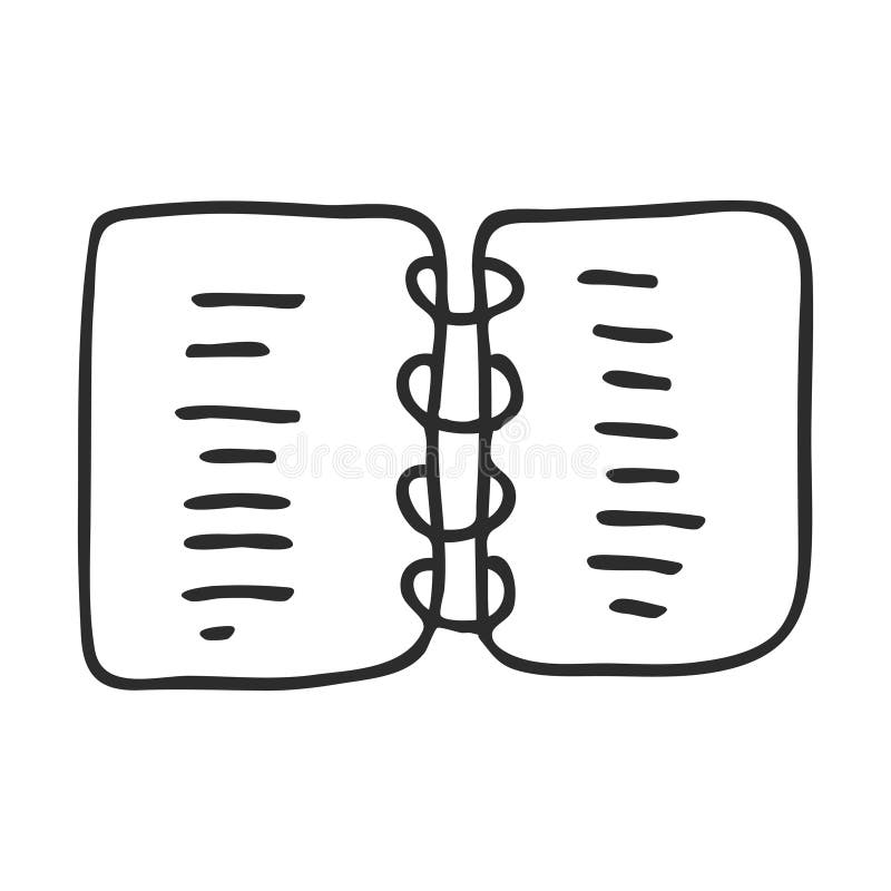 A notebook, a reminder book, a diary. Doodle style. Fastened with rings. Notepad for notes and to-do lists. A simple black and royalty free illustration