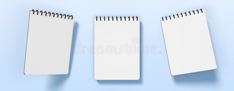Notebook sheets, block of blank pages with spiral 3d render icon set. Realistic mockup of empty wall calendar, white royalty free illustration