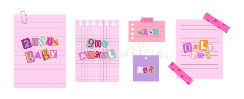 Notebook sheets in y2k style with phrases royalty free illustration