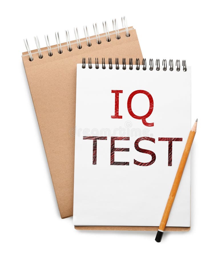 Notebook with text IQ Test and pencil on white background, top view stock images