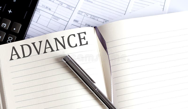 Notebook with Toolls and Notes about ADVANCE stock photography