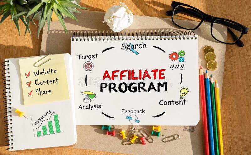 Notebook with Toolls and Notes about Affiliate Program stock photos