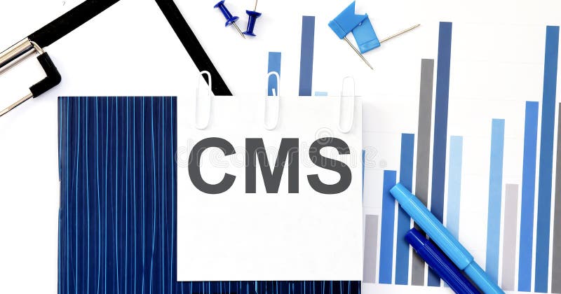 Notebook with Toolls and Notes about CMS on sticker ,concept.