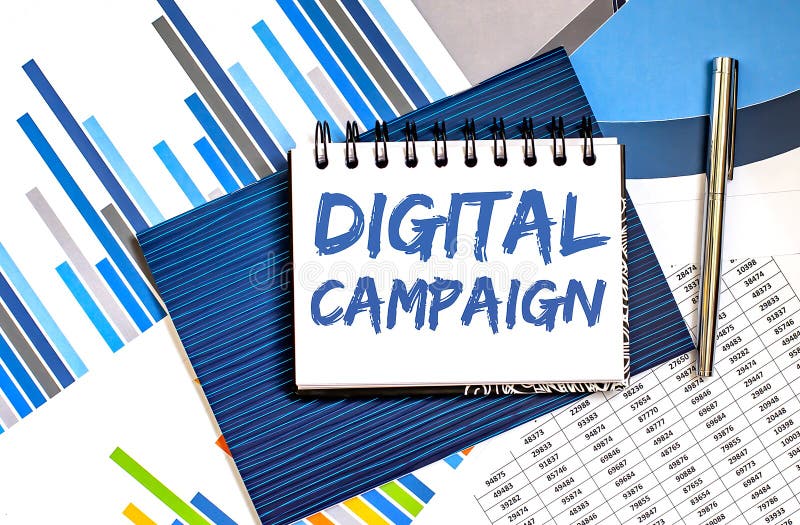 Notebook with Toolls and Notes about Digital Campaign stock images