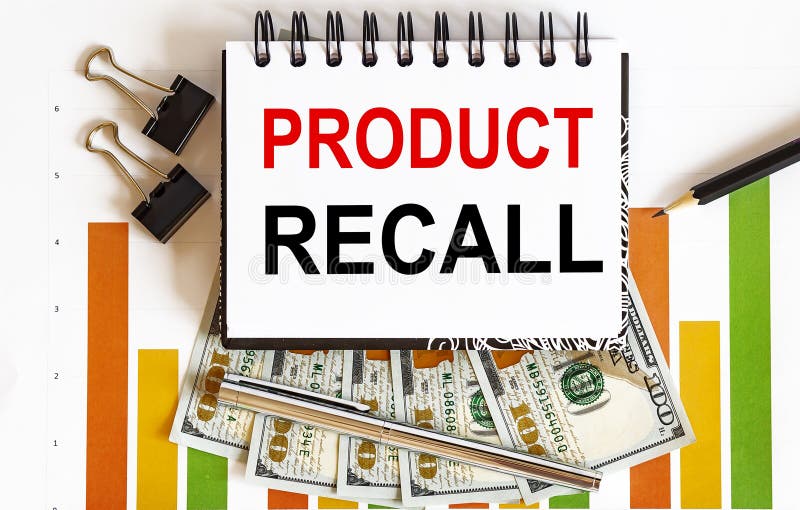 Notebook with Toolls and Notes about EPRODUCT RECALL with dollar and chart stock photos.