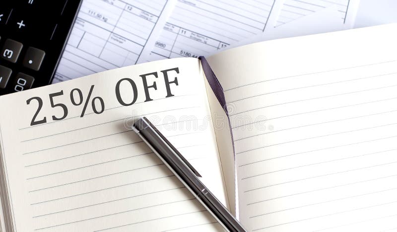 Notebook with Toolls and Notes about 25 OFF royalty free stock image
