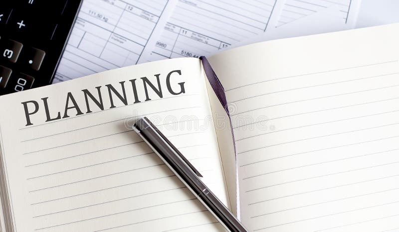 Notebook with Toolls and Notes about PLANNING stock photo