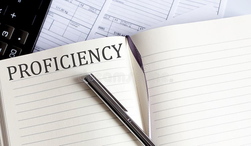 Notebook with Toolls and Notes about PROFICIENCY stock image
