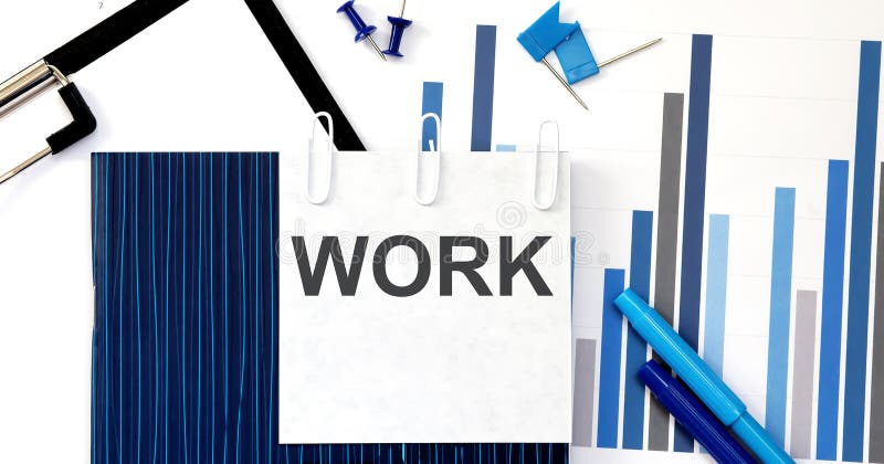 Notebook with Toolls and Notes about WORK on sticker ,concept stock images
