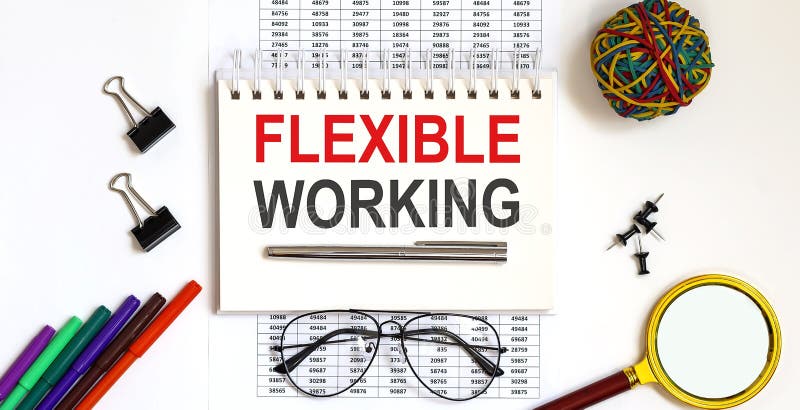 Notebook with Tools and Notes with text FLEXIBLE WORKING, business stock photography