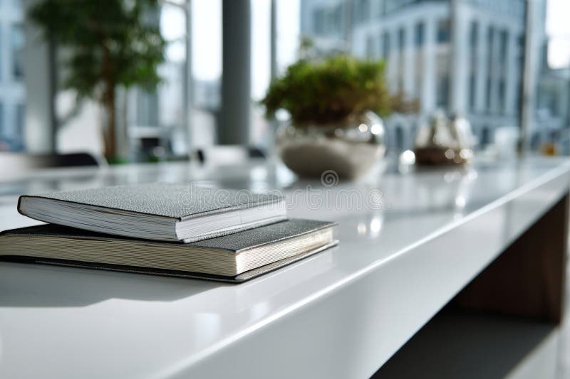 Notebook-ul se sprijină pe o suprafață reflectorizantă strălucitoare lângă lumina ferestrei royalty free stock photo