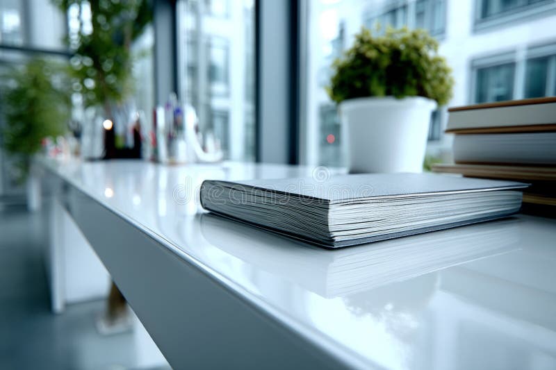 Notebook-ul se sprijină pe o suprafață reflectorizantă strălucitoare lângă lumina ferestrei stock photography