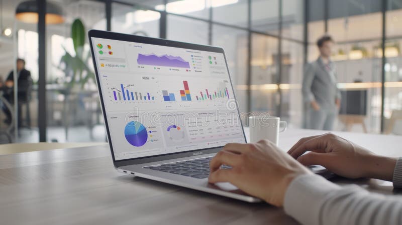 Notebook z wykresami danychObraz generowany przez algorytm AI. Pisanie ręczne na laptopie wyświetlającym różne wykresy biznesowe i wykresy w nowoczesnym środowisku biurowym.