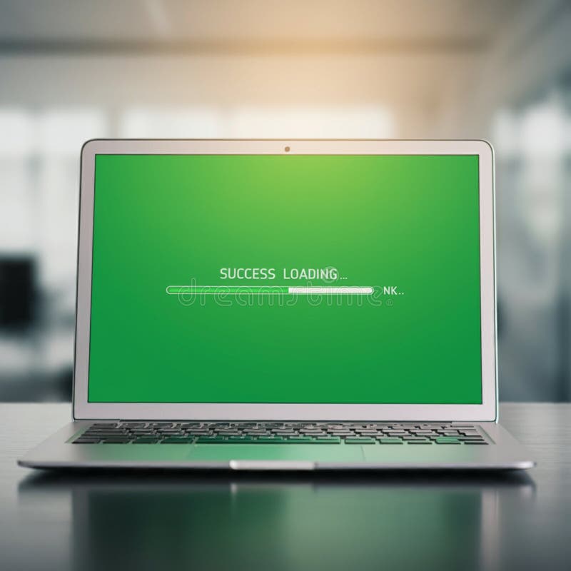 : notebook z zielonym ekranem i skutecznym ładowaniem... tekst. Ten wygenerowany obraz zawiera laptopa na biurku z jasnym zielonym ekranem wyświetlającym pomyślne załadowanie tekstu... wraz z prętem załadunkowym. obraz zaprojektowany w formularzu przesłania obrazu daje poczucie postępu i osiągnięć. idealne rozwiązanie dla treści skupionych na przesyłaniu witryn internetowych sukcesów cyfrowych lub tematów związanych z techniką. Ten obraz symbolizuje ukończenie i płynną wydajność.