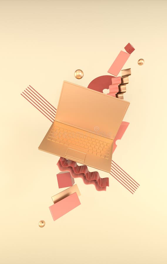 Notebook și diferite obiecte geometrice de fundal în modul modern minim. randare notebook 3d în culori pastilă și aurie. vector illustration