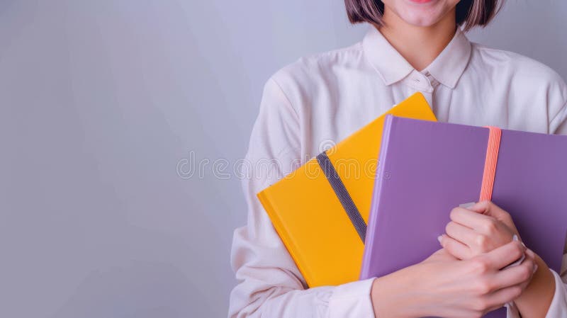 Notebooki Studenckie. generowane przez algorytmy sztuczne. Kobieta uczeń trzymająca kolorowe notesy uśmiechające się. Obraz wygenerowany przez algorytm AI.