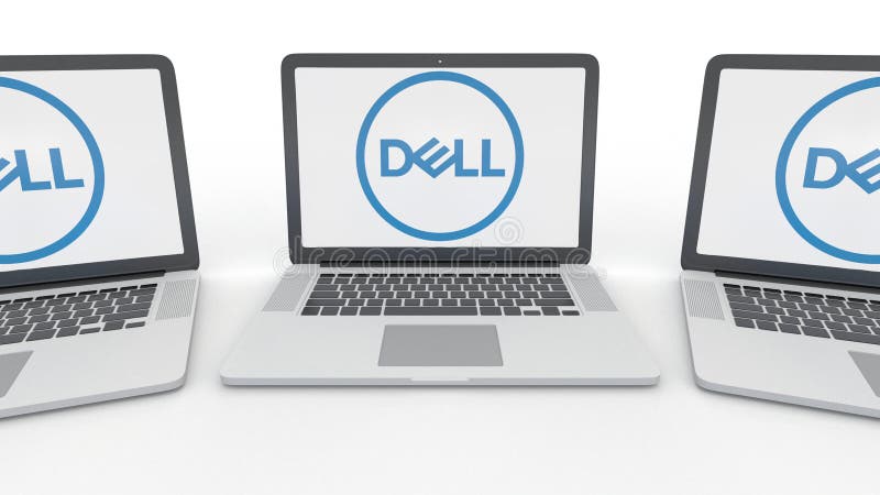 Notebooks with Dell Inc. logo on the screen. Computer technology conceptual editorial 3D rendering