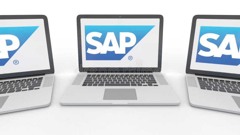 Notebooks with SAP SE logo on the screen. Computer technology conceptual editorial 3D rendering