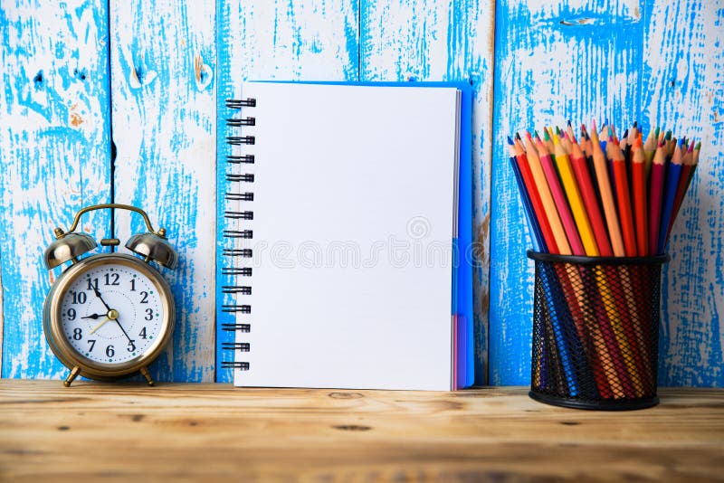 Notepad with Clock and Pencils Stock Image Image of blank, alarm
