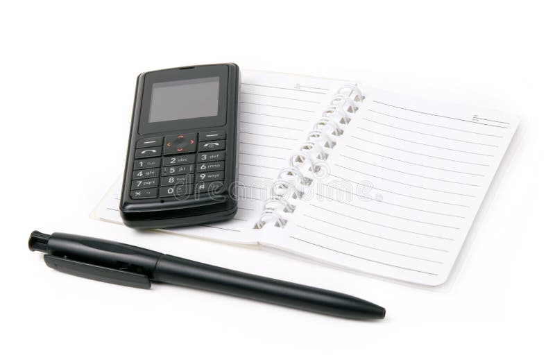 Notepad, pen and cell phone