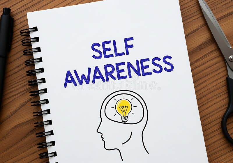 A notepad with the words self awareness and a lightbulb drawing on it royalty free illustration