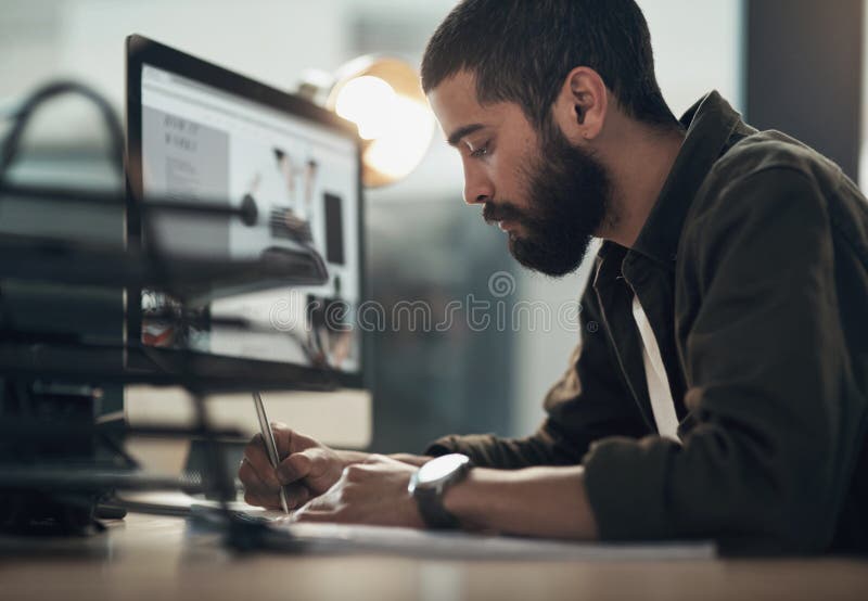 Notes, creative and man in office, computer and employee with ideas for project, night and web designer. Overtime stock image