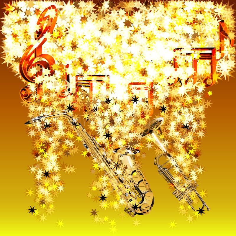 Vector illustration of musical notes in a cloud of stars saxophone and trumpet in the flowing stars.It can be used as a poster, advertising or separately. Vector illustration of musical notes in a cloud of stars saxophone and trumpet in the flowing stars.It can be used as a poster, advertising or separately.