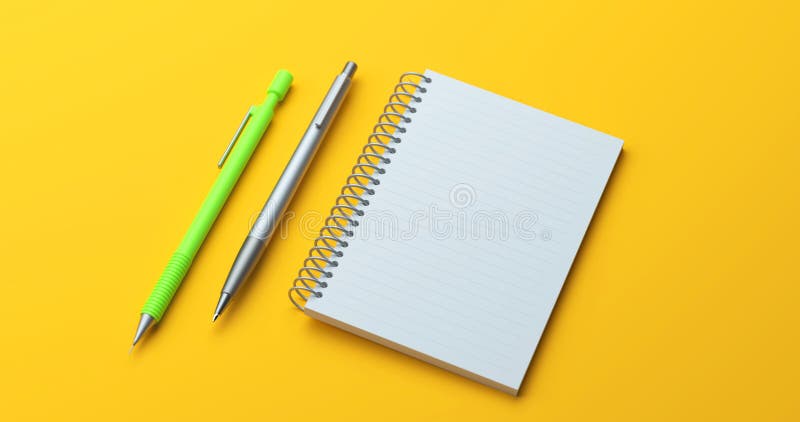 Notes spiralny z piórami na żółtym tle Render 3D puste miejsce ilustracja wektor