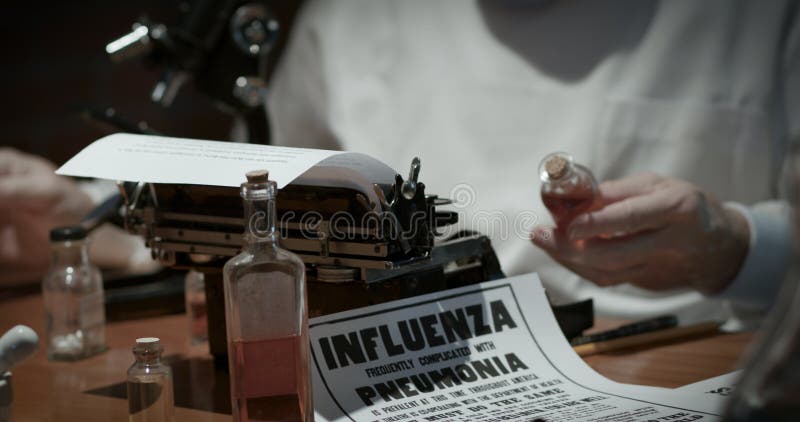 Notice of the Spanish Flu influenza epidemic of the year 1918 lying on the laboratory table.