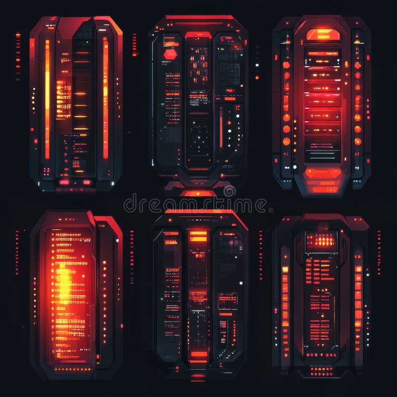 Notification frames in a sci-fi style, outlined with thin, glowing red lines on a dark backdrop, linked by digital stock photography