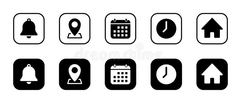 Notification, location, date, time, and home icon on black square. Bell, address, calendar, clock, and house sign symbol stock illustration