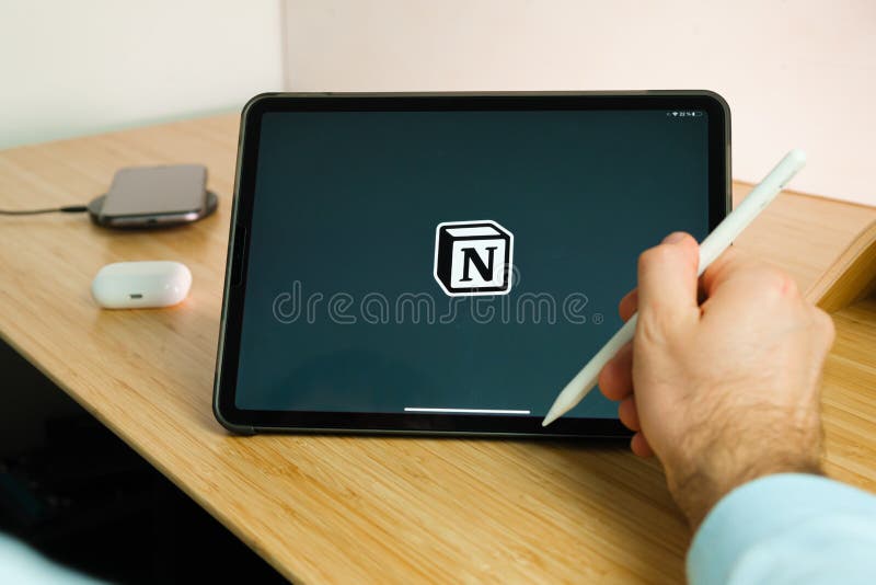 Notion is used with apple pencil on iPad Pro tablet . Man using application on the tablet. December 2020, San Francisco