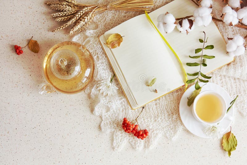 Notizblock-Aufklebermockup. Ästhetischer Kräuterleinentee in einer Teekanne mit einer Tasse Tee trockene duftende Blätter Weizen H lizenzfreies stockfoto