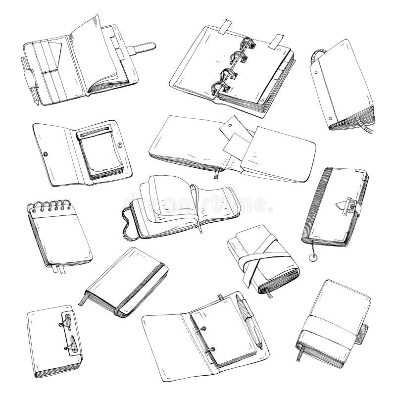 Notizbuch, Notizblock, Planer, Organisator, gezeichneter Satz des Sketchbook Hand Sammlung Konturnillustrationen vektor abbildung Notizbuch, Notizblock, Planer, Organisator, gezeichneter Satz des Sketchbook Hand Sammlung Konturnillustrationen vektor abbildung