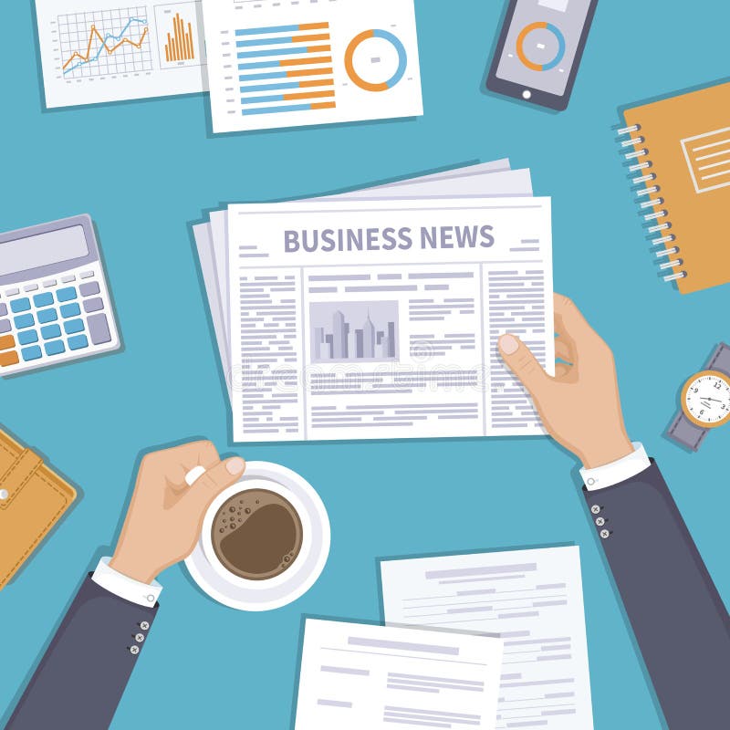 Notizie dal mondo degli affari Uomo d'affari che tiene una tazza di caffè e del giornale sul desktop illustrazione di stock Notizie dal mondo degli affari Uomo d'affari che tiene una tazza di caffè e del giornale sul desktop illustrazione di stock