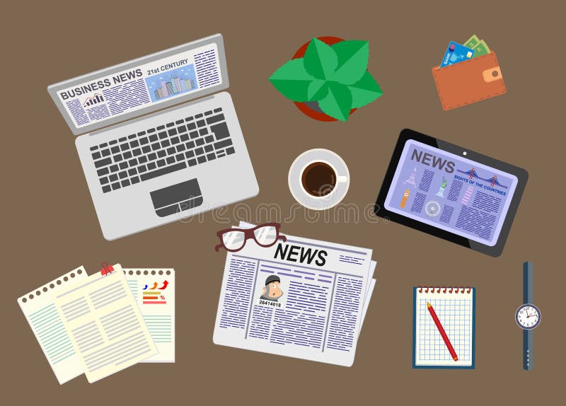 Notizie ed informazioni Notizie dal mondo degli affari ed il mercato Scrittorio di un uomo d'affari La vista dalla parte superior illustrazione di stock Notizie ed informazioni Notizie dal mondo degli affari ed il mercato Scrittorio di un uomo d'affari La vista dalla parte superior illustrazione di stock