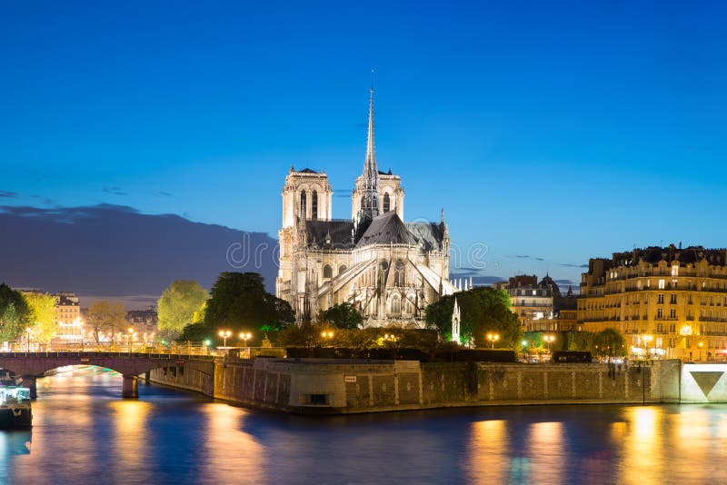 Notre Dame de Paris med kryssningskeppet på Seine River på natten in arkivfoto