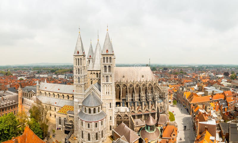 Notre-Dame de Tournai towers and surrounfing streets with old buildings panorama, Cathedral of Our Lady, Tournai, Walloon