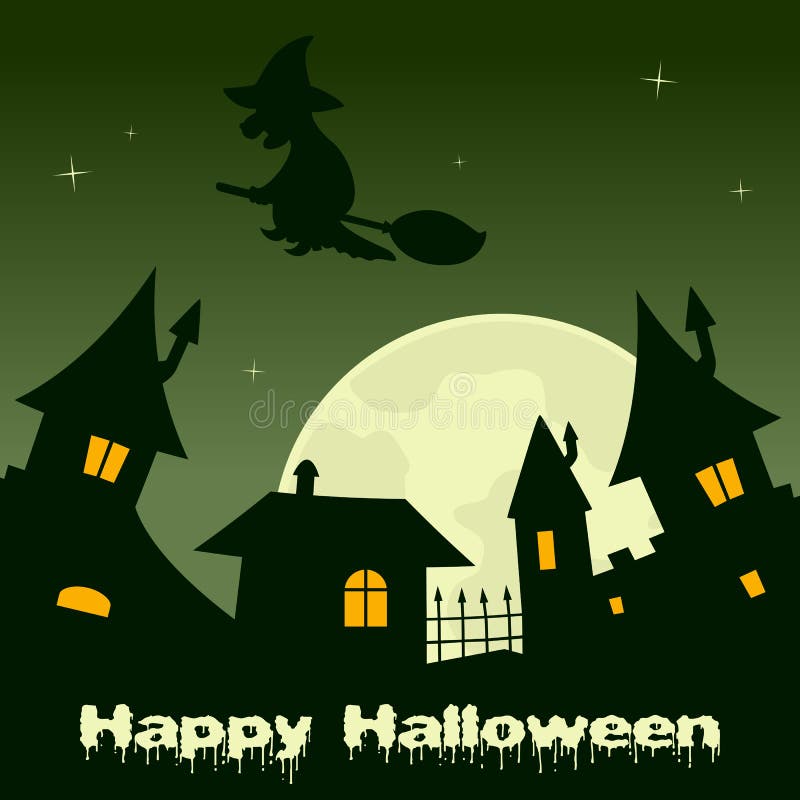 Notte della città di Halloween con la luna piena & la strega illustrazione vettoriale Notte della città di Halloween con la luna piena & la strega illustrazione vettoriale