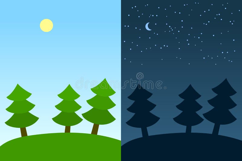 Notte e giorno scene: foresta degli abeti sotto il sole e la luna, vettore royalty illustrazione gratis Notte e giorno scene: foresta degli abeti sotto il sole e la luna, vettore royalty illustrazione gratis