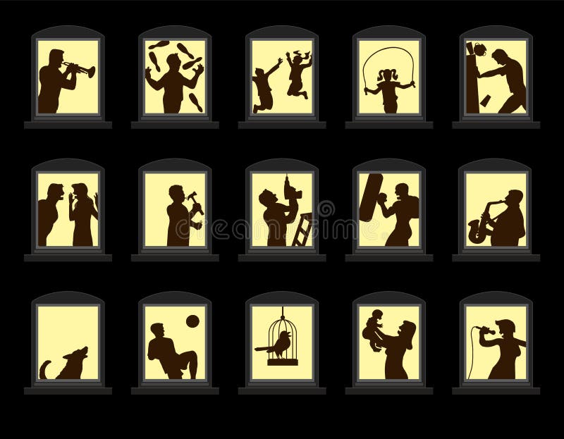 Loud neighbors making noise behind soundproof windows at night. vector illustration on black background. Loud neighbors making noise behind soundproof windows at night. vector illustration on black background.