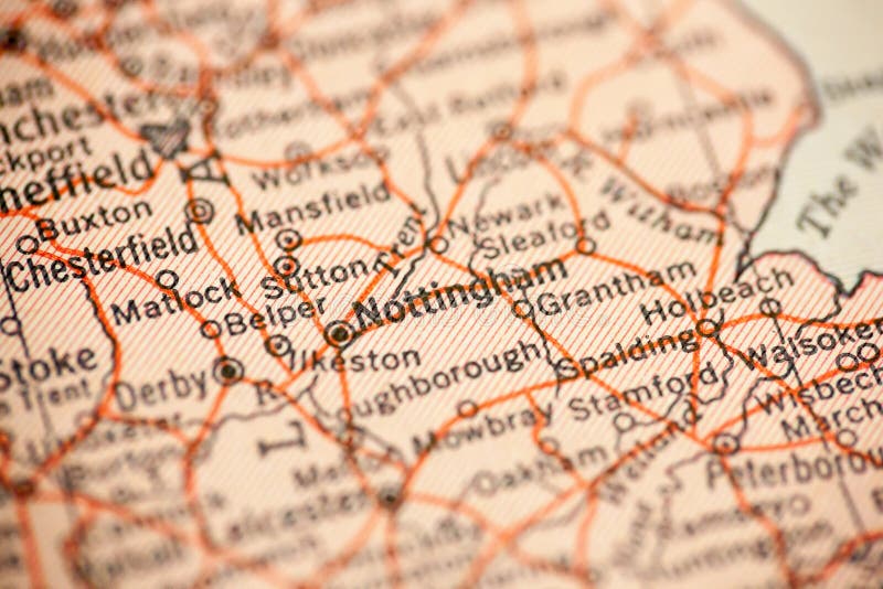 Nottingham, England is the point of focus on a vintage map. Nottingham, England is the point of focus on a vintage map.