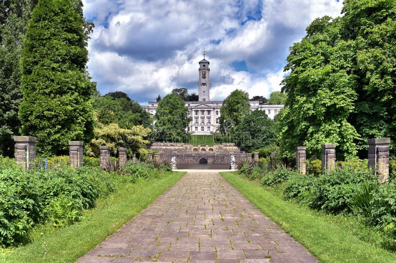 The grand facade of Nottingham University, Nottingham, England, shot from the University Boulevard entrance. Generous accommodation for copy space. The grand facade of Nottingham University, Nottingham, England, shot from the University Boulevard entrance. Generous accommodation for copy space