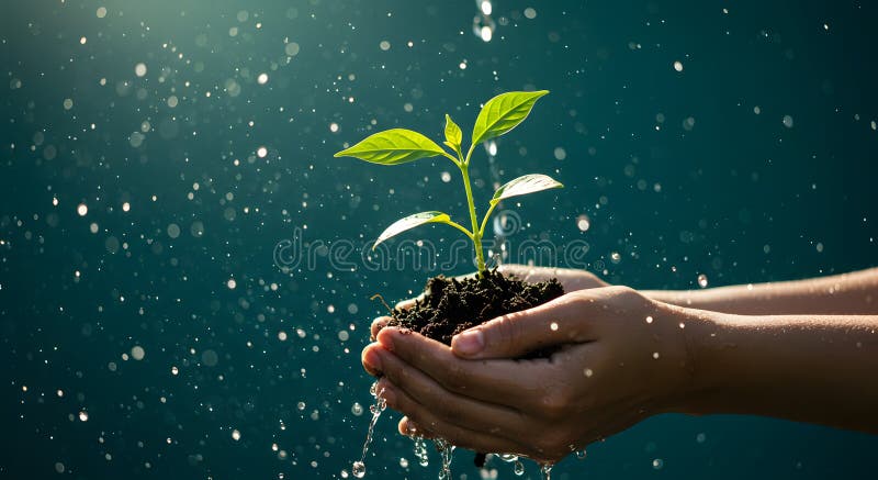 Nourrir une nouvelle vie : Mains Crader doucement une plante de germination sous une pluie douce illustration stock